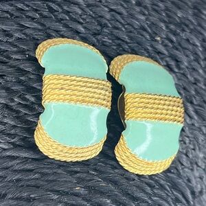 Vintage Gay Boyer Mint Enamel & Gold Tone Rope Clip-On Earrings